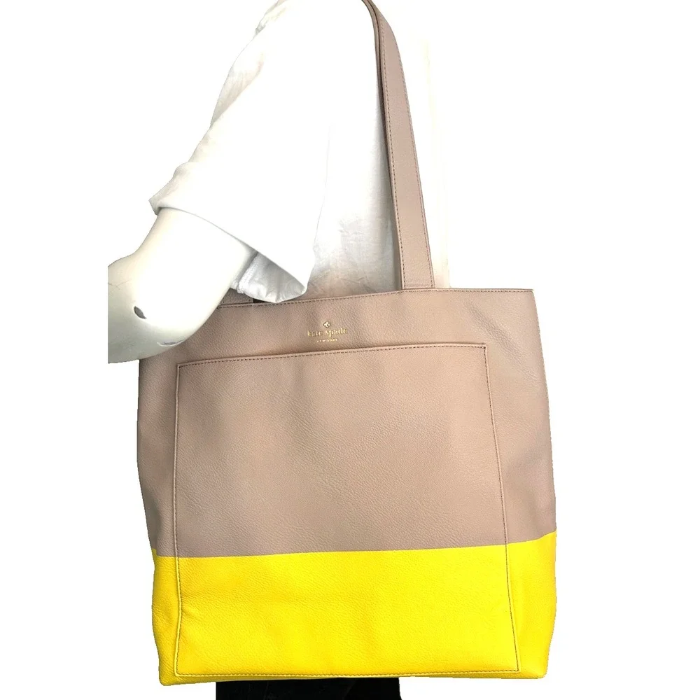 Kate Spade Lita Street Andrea Tote Bag Grey Yellow Colorblock Faux Leather EUC